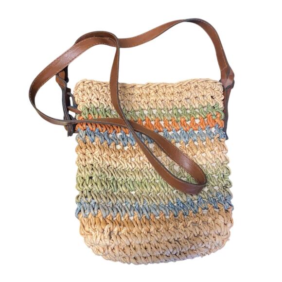 Vintage Handbags - Vintage basket woven crossbody bag faux leather summer bohemian festival coastal